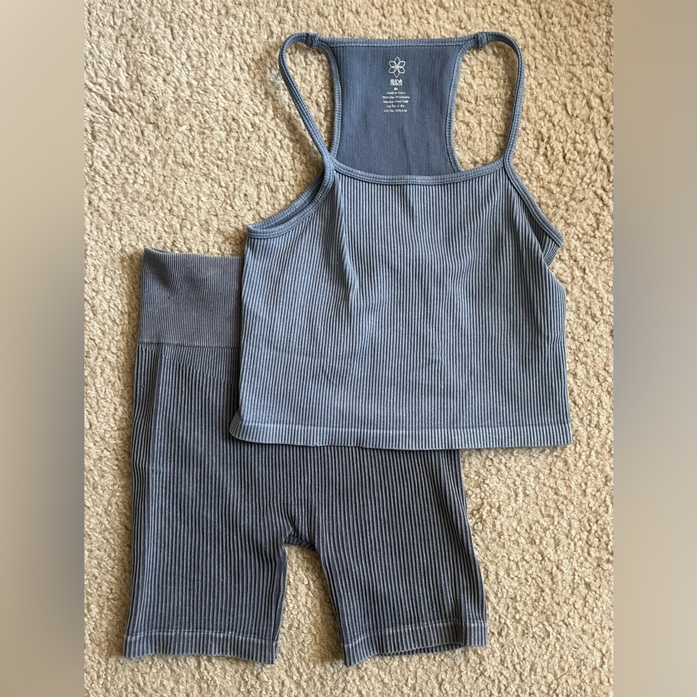 Aura Blue and Dark Grey Activewear Set with Tanktop and Shorts